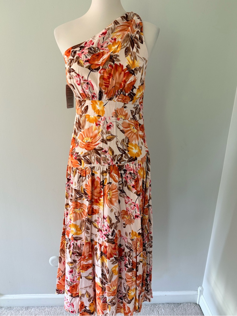 Petal & Pup One Shoulder Floral Midi Dress US 10 Orange Pink Rayon Wedding Guest